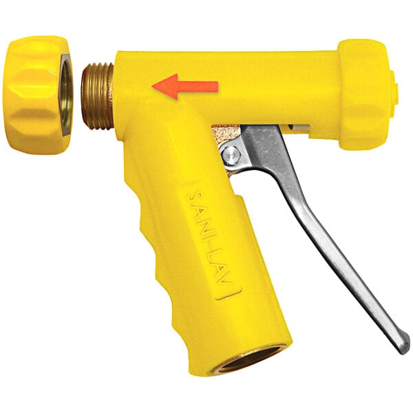 A yellow Sani-Lav spray nozzle with a stainless steel handle and threaded tip.