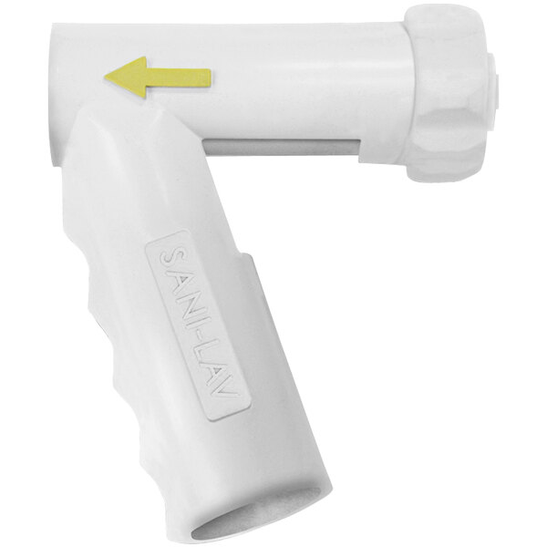 A white rubber spray nozzle cover with yellow text and a yellow arrow pointing to the right.