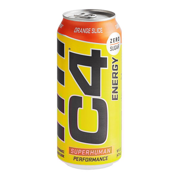 A yellow and orange C4 Energy drink can.