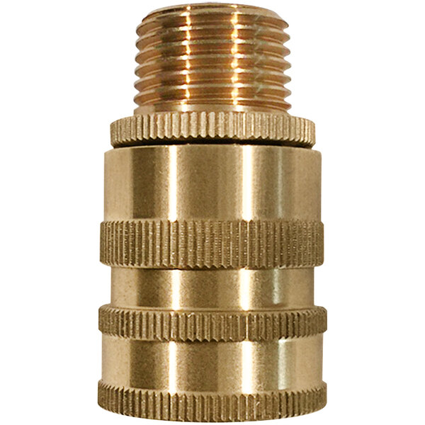A close-up of a brass pipe threaded male connector.