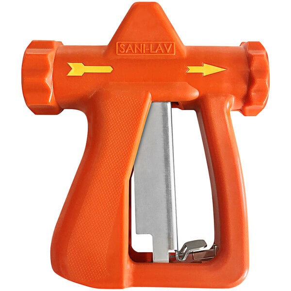 A Sani-Lav stainless steel spray nozzle with orange accents and a yellow arrow on the side.