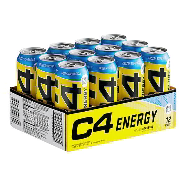 A box of 12 C4 Energy Frozen Bombsicle energy drink cans.