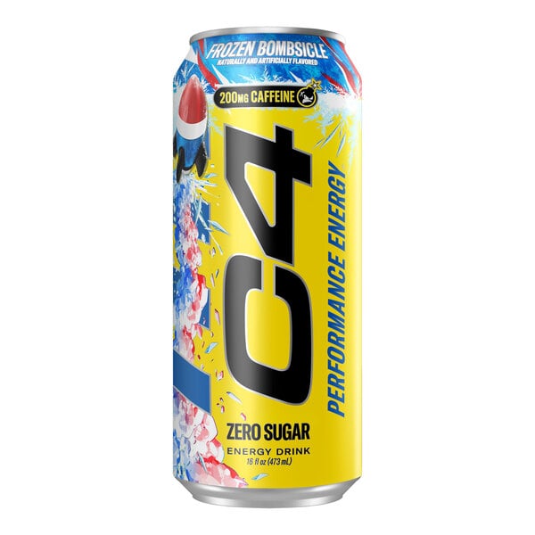 A 16 fl. oz. can of C4 Energy Frozen Bombsicle zero sugar energy drink.