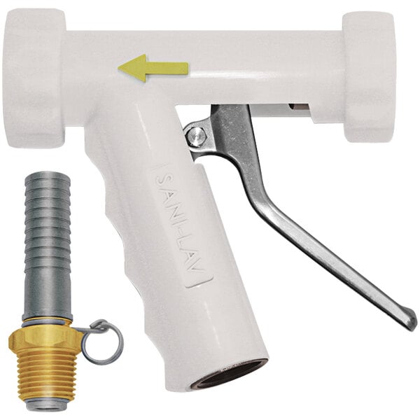 A white Sani-Lav industrial insulated spray nozzle with a stainless steel handle and swivel hose adapter.