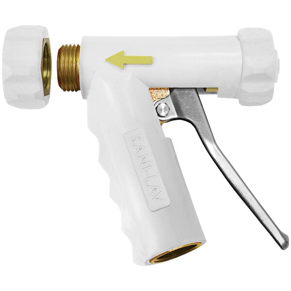A white Sani-Lav brass spray nozzle with a stainless steel handle.