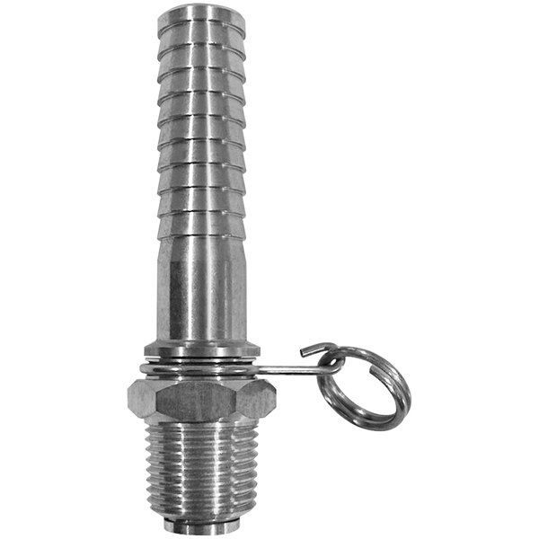 A close-up of a Sani-Lav stainless steel swivel hose adapter with pipe fittings.
