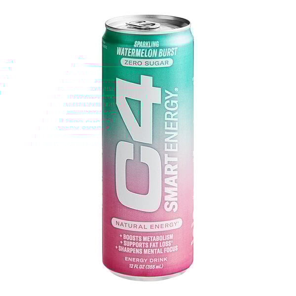 A case of 12 C4 Smart Energy Watermelon Burst drink cans with pink labels.