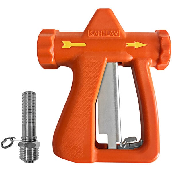 An orange and silver Sani-Lav spray nozzle with swivel hose adapter.