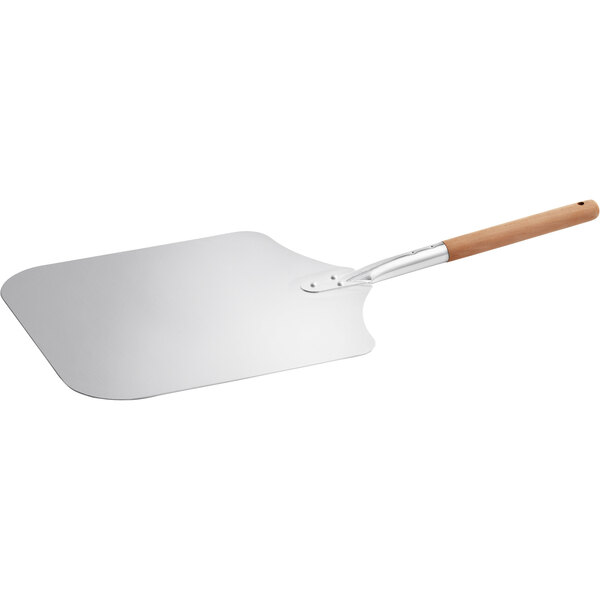 A silver aluminum pizza peel with a wooden handle.