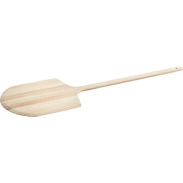 A wooden pizza paddle with a handle.
