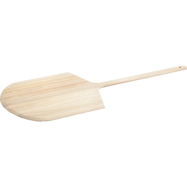 A wooden pizza paddle with a handle.