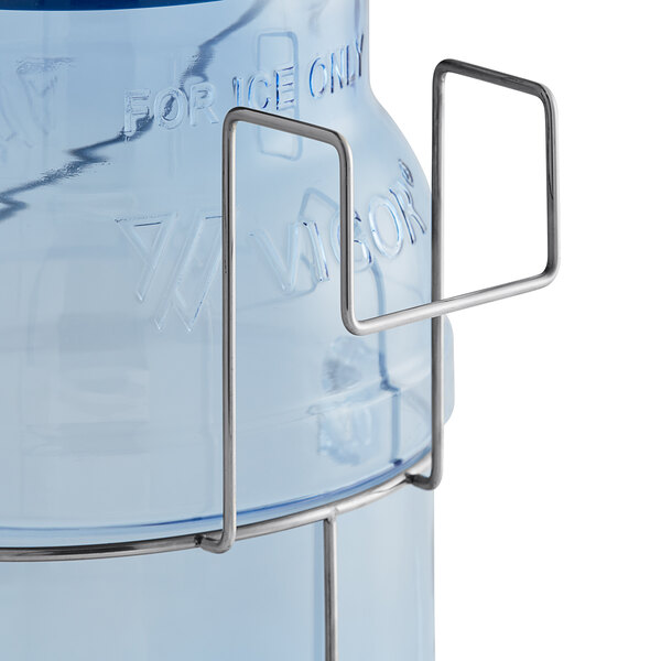 A blue plastic round water container with a metal handle.