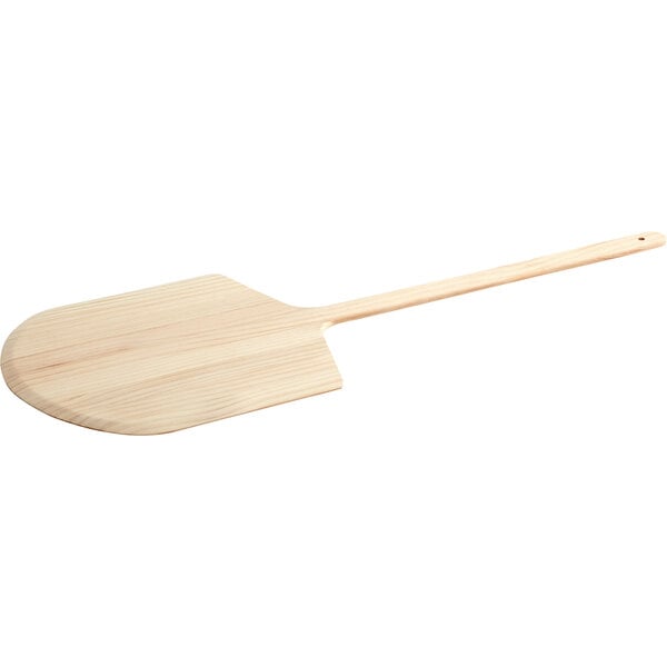 A Choice wooden pizza paddle with a long handle.