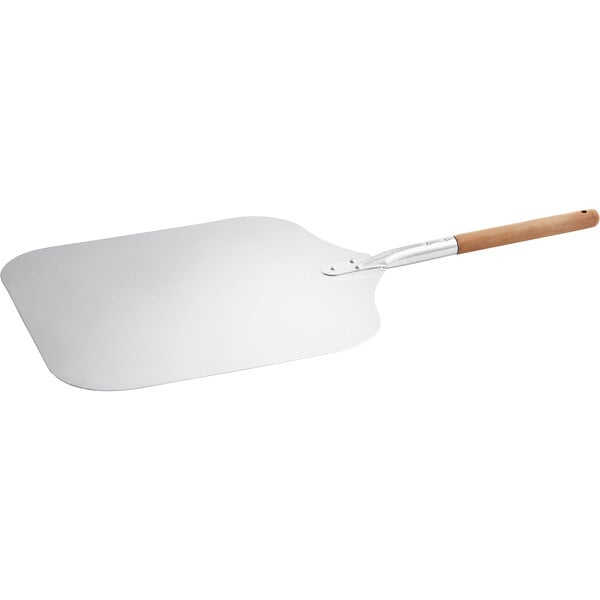 A white pizza peel with a wooden handle.