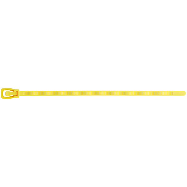 A yellow Retyz EveryTie plastic zip tie strap with a metal buckle.