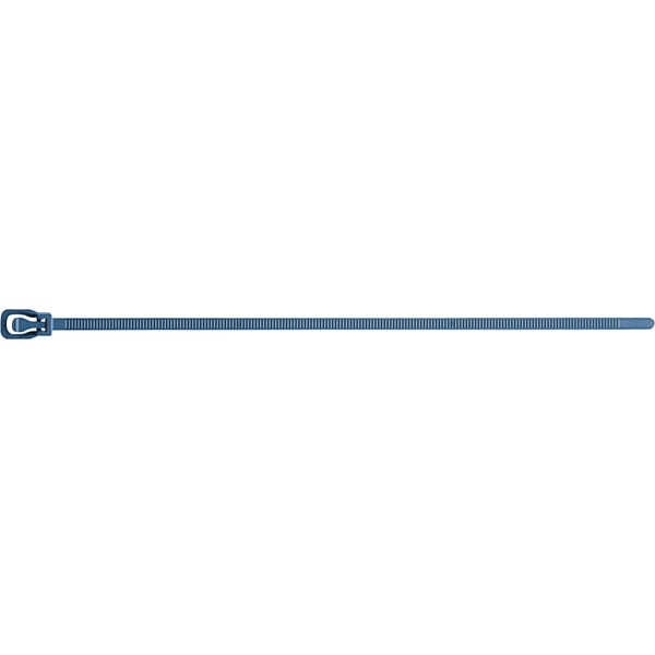 A blue metal detectable cable tie with a metal handle.