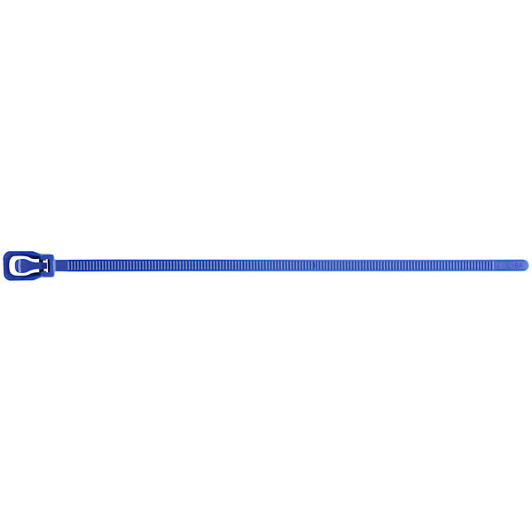 A blue Retyz EveryTie cable tie with a metal zipper handle.