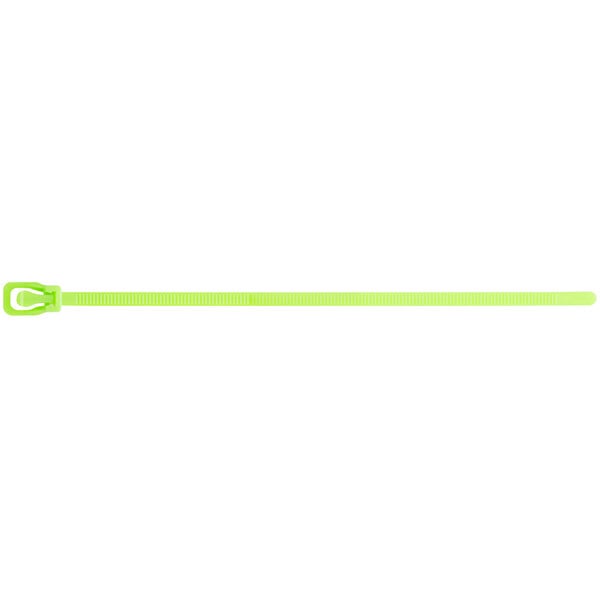 A fluorescent green Retyz EveryTie cable tie with a metal buckle.