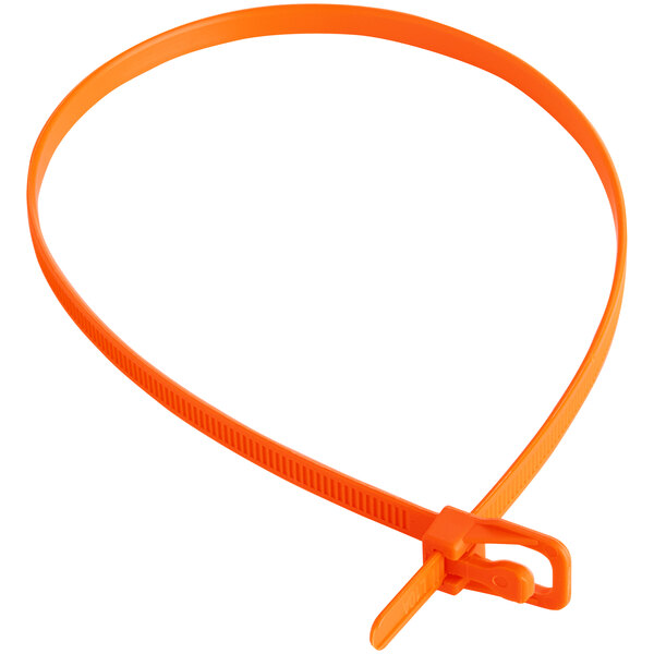An orange plastic cable tie with a metal clip.