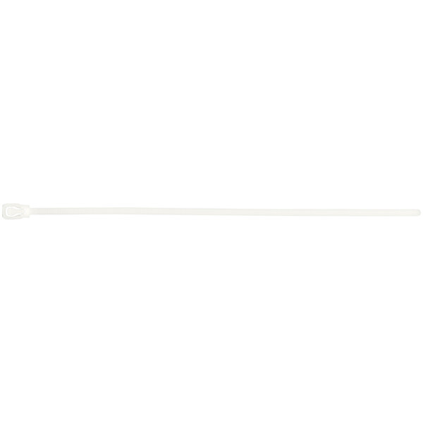 A white plastic zip tie with a long line.