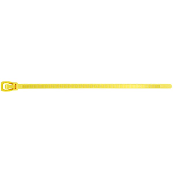 A yellow plastic Retyz cable tie with a metal buckle.