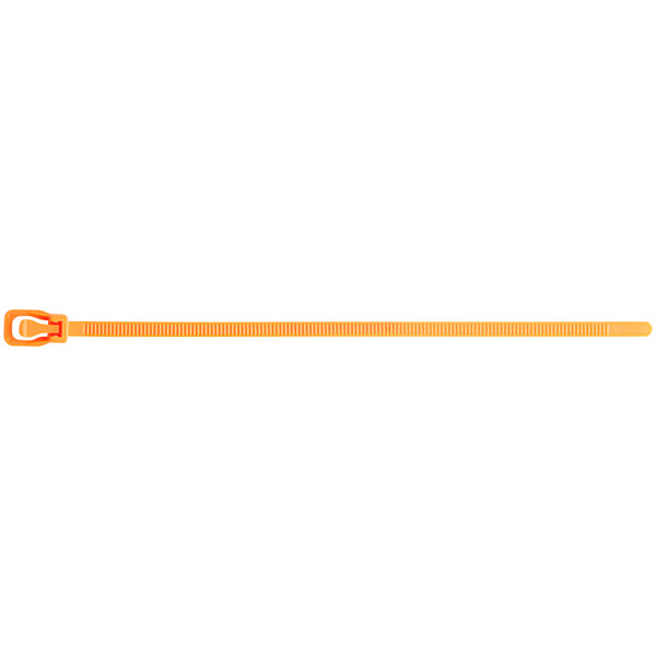 A Retyz fluorescent orange plastic cable tie strap with a metal hook.