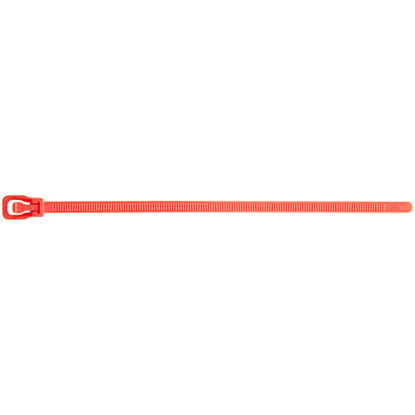 A red plastic Retyz cable tie with a metal hook.