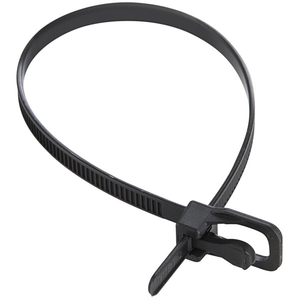 A black plastic Retyz cable tie with a clip.