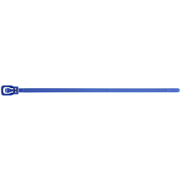 A blue Retyz cable tie with a metal handle.