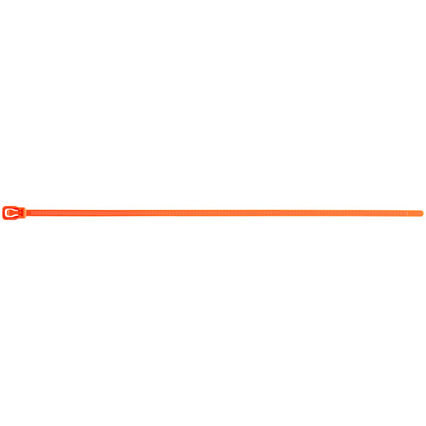 An orange plastic cable tie with a long handle.