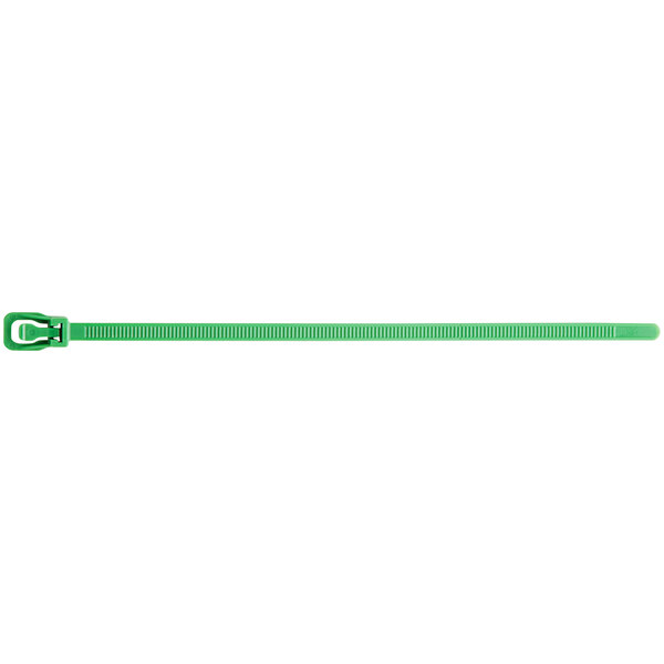 A green Retyz EveryTie cable tie with a metal buckle.