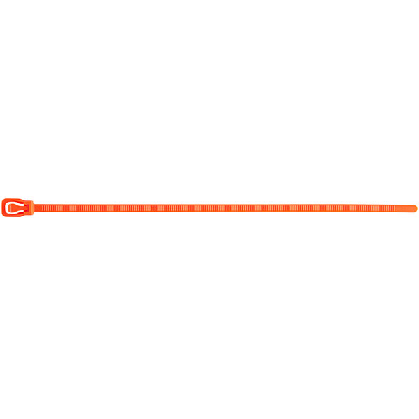 A Retyz fluorescent orange plastic cable tie with a metal handle.