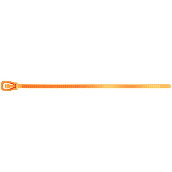 A close up of an orange Retyz EveryTie plastic strap.