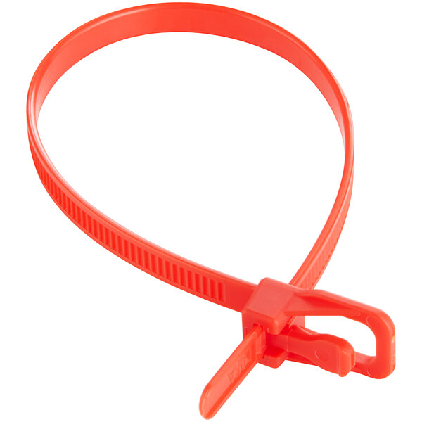 A red plastic cable tie with a metal clip.