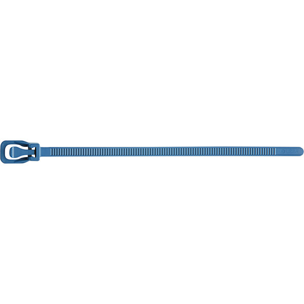 A blue Retyz metal detectable cable tie with a metal zipper.