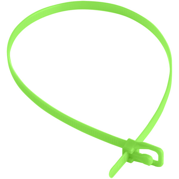 A Retyz EveryTie fluorescent green plastic cable tie with a clip.