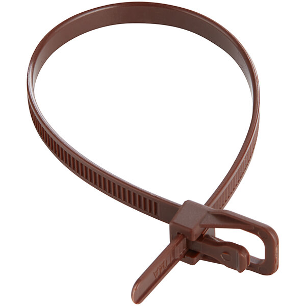 A brown plastic Retyz cable tie with a metal clip.