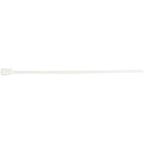 A white Retyz EveryTie cable tie with a white plastic buckle.