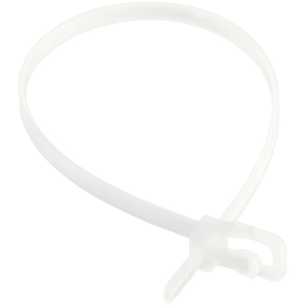 A close-up of a white Retyz EveryTie cable tie with a metal clip.