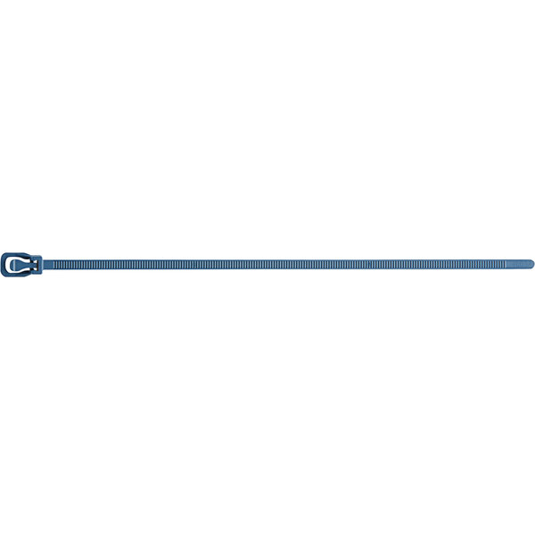 A blue metal detectable cable tie strap with a metal handle.