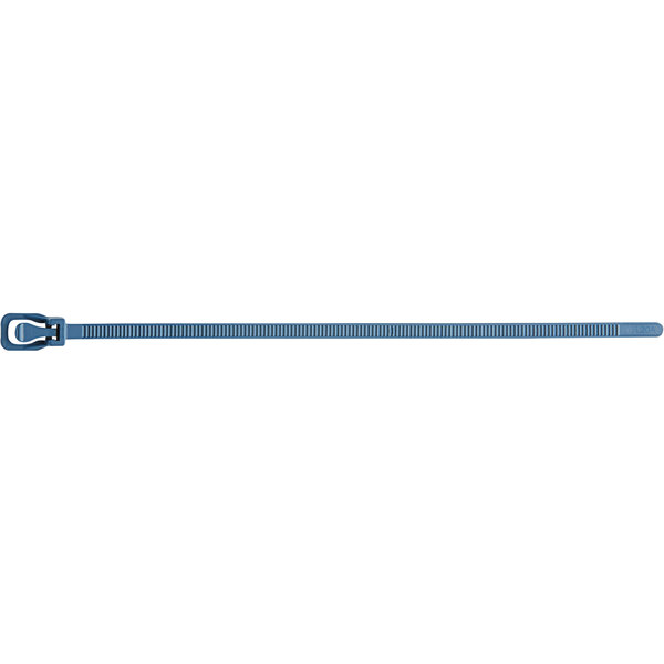 A blue Retyz cable tie with a metal clasp.