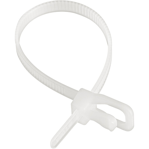 A white plastic cable tie with a clip.