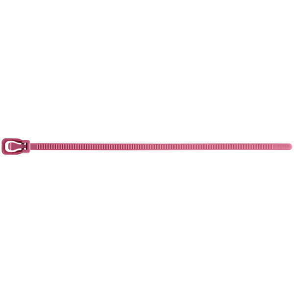 A maroon Retyz cable tie with a metal hook.