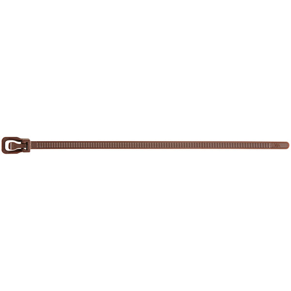 A brown Retyz EveryTie cable tie with a strap and buckle.