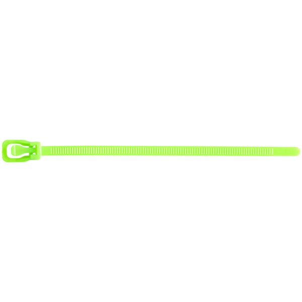 A fluorescent green plastic zip tie with a metal clip.