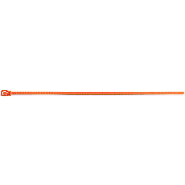 A close-up of a fluorescent orange Retyz EveryTie cable tie with a long handle.