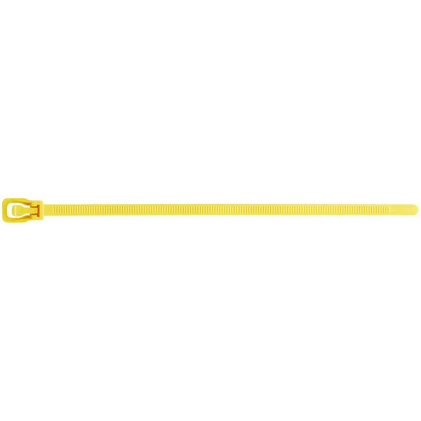 A yellow plastic Retyz EveryTie cable tie strap with a metal buckle.