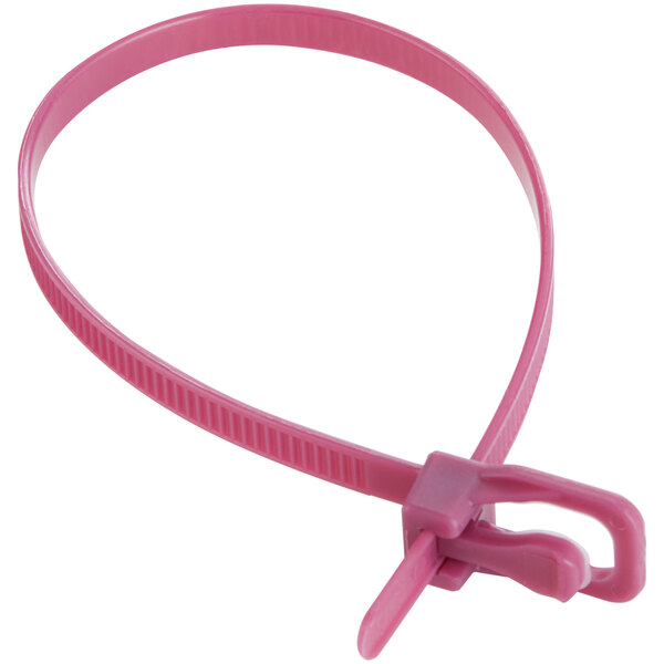A maroon plastic cable tie with a metal clip.