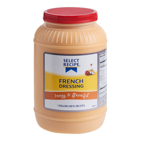 A 1-gallon plastic container of Select Recipe French Dressing with a red screw-on lid.