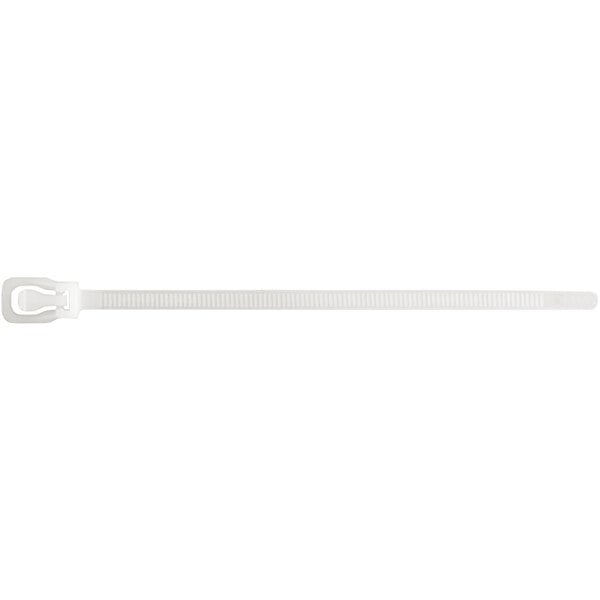 A white plastic Retyz cable tie with a metal clip.